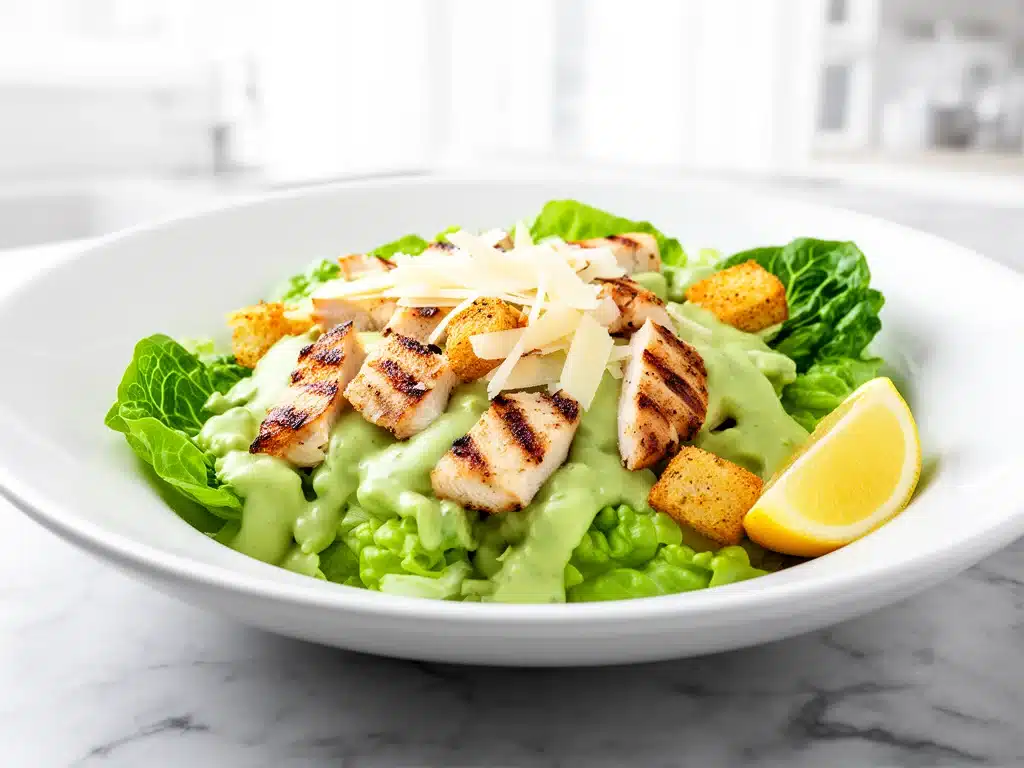 creamy avocado chicken caesar salad - featured image