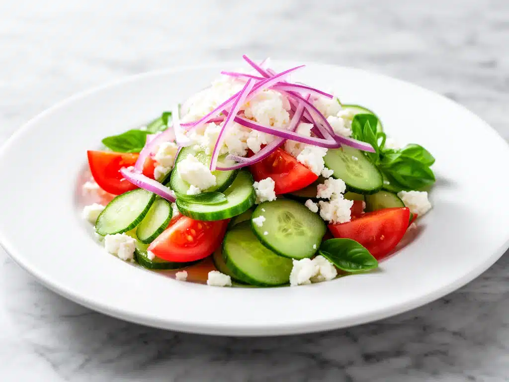crisp cucumber tomato feta salad - featured image