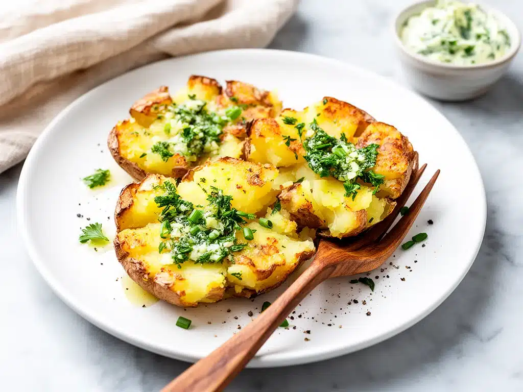 crispy smashed potatoes with garlic herb butter - featured image
