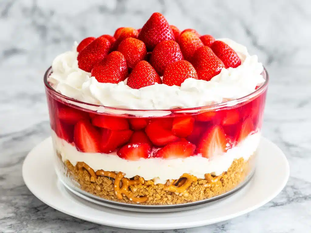 no bake strawberry pretzel salad - featured image