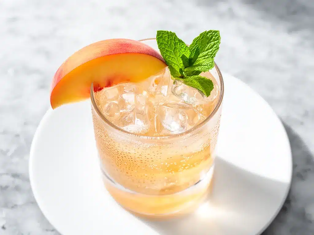 Sparkling Peach Bourbon Smash Recipe Easy 3-Ingredient Weeknight Cocktail 4 sparkling peach bourbon smash preparation steps