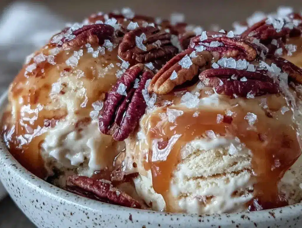 keto no-churn salted caramel ice cream with pecans - featured image