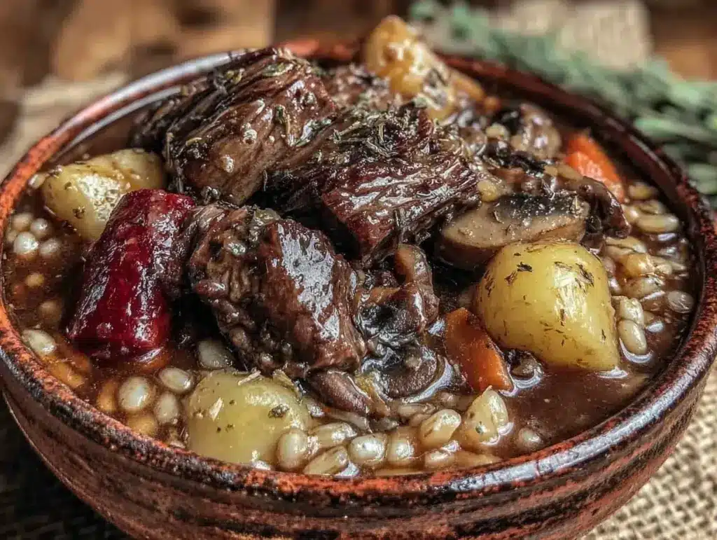 slow cooker beef and barley stew - featured image