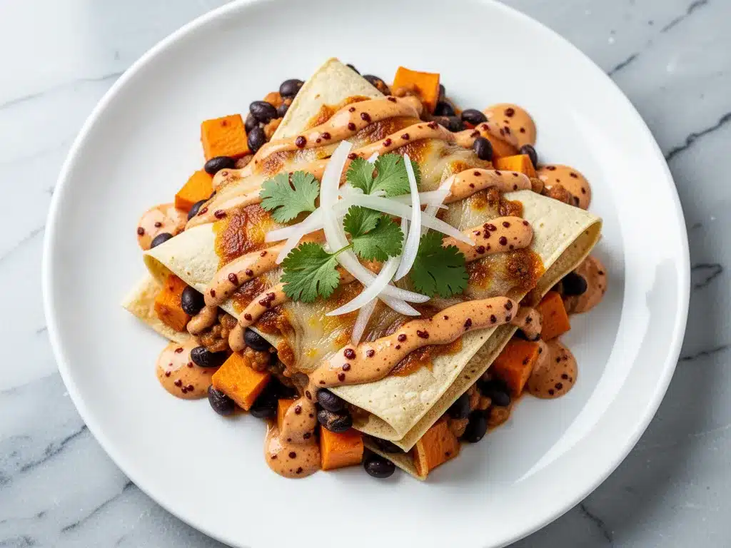 Fall Sweet Potato and Black Bean Enchilada Casserole with Chipotle Cream 4 sweet potato and black bean enchilada casserole preparation steps